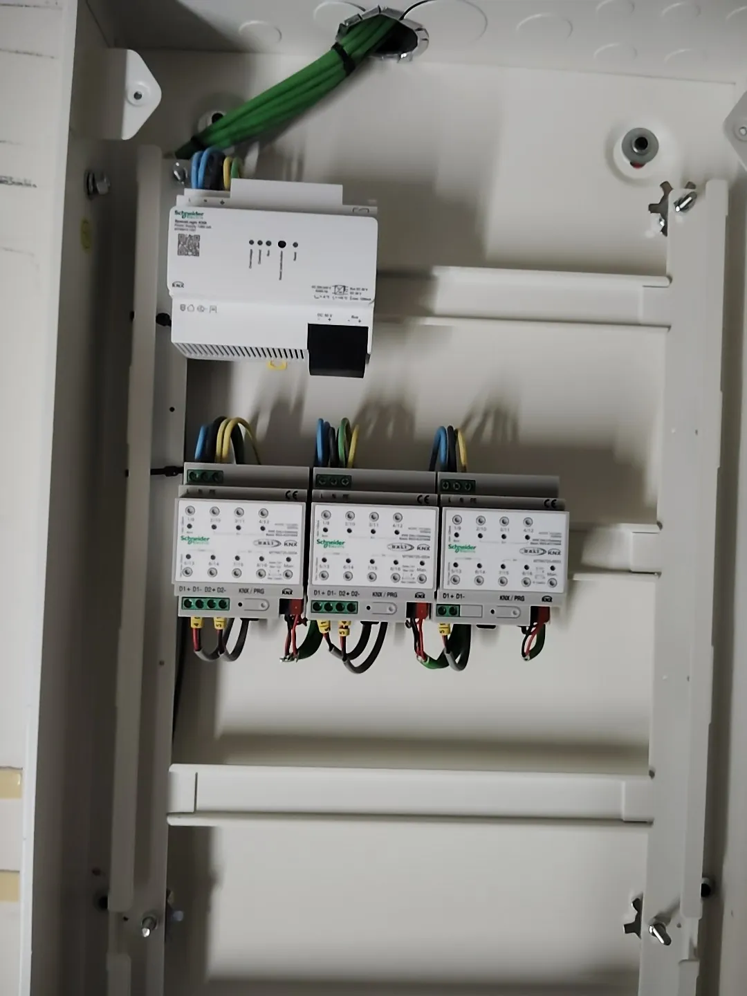 Control modules on DIN rail with the network cable brought in from above